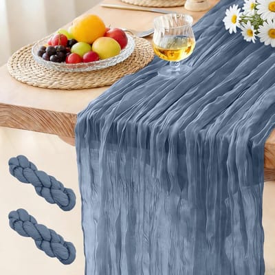 (2 Stuks) Kaasdoek Tafelloper Mistigblauw, 300 x 90 CM Boho Gaas Tafelloper voor Bruiloften, Verjaardagsfeesten, Babyborrels, Vrijgezellenfeesten en Banketdecoraties
