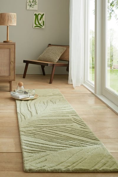 Flycarpets Loper Lino Leaf Modern Laagpolig - 100% Wol Vloerkleed - Salie Groen - 60x230 cm