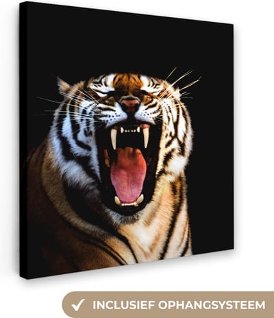 Canvas Schilderij Tijger - Tanden - Zwart - 20x20 cm - Wanddecoratie