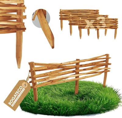 BOGATECO Hazelnoot Insteekhek Set van 3 - 90 x 20 cm - Tuinhek & Bedborder - Natuurlijk Pikethekwerk - Bruin