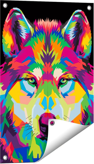 Gards Tuinposter Gekleurde Wolvenkop - Wolf - Abstract - 40x60 cm - Tuindoek - Tuindecoratie - Wanddecoratie buiten - Tuinschilderij