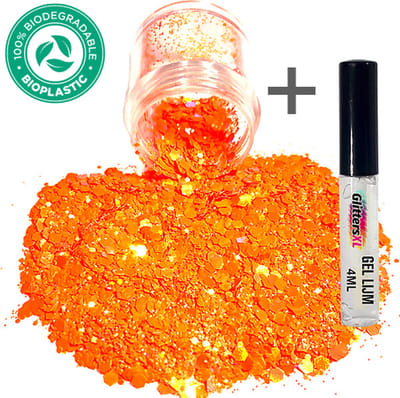 GlittersXL - Chunky Glitters (Oranje) + Glitter Huid Lijm Biologisch afbreekbaar [Volume 8g - Festival Jewels Glitter Outfit Lichaam en Gezicht - Make-up Diamond Dots Face Body - Diamantjes Strass Steentjes - Kinderen Volwassenen Dames Makeup Tattoo]