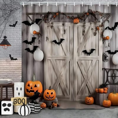 Halloween Douchegordijn Zwarte Vleermuis Halloween Eng Patroon Douchegordijn Spookachtige Vleermuis Badkamergordijn Badkamerdecoratie met Haken 90x180cm-35x70in