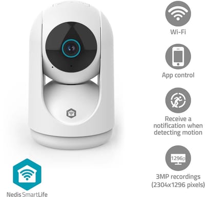Nedis SmartLife Indoor Camera Wi-Fi 3MP Full HD 1296p Pan tilt Cloud Storage (option) / microSD (not included) / Onvif With motion sensor Night vision White