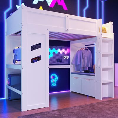 Pugsdrly Hoogslaper, 90 x 200 cm, gamingbed met bureau, uitgerust met ledverlichting, 1 USB-poort, 1 Type-C-poort, ladder, bureau, lade, wasrek, zonder matras, wit