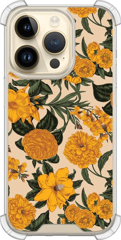 Shockproof hoesje - Geschikt voor iPhone 14 Pro - Retro flowers - Extra sterke case - TPU/polycarbonaat - Bloemen - Geel, Transparant