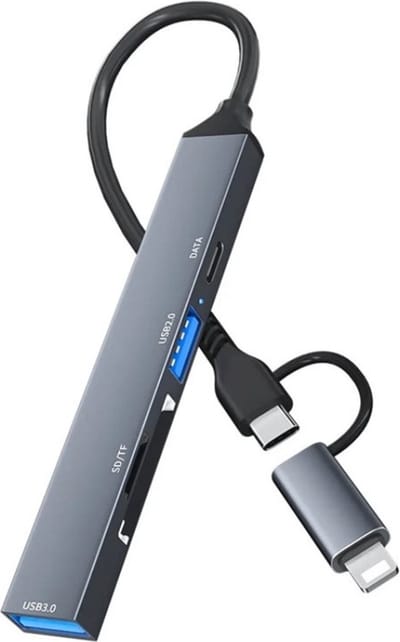 8-Pin en USB-C naar SD - Micro SD kaart - USB 3.0 - kaartlezer adapter hub geschikt voor o.a. iPhone iPad en laptop - grijs - Provium