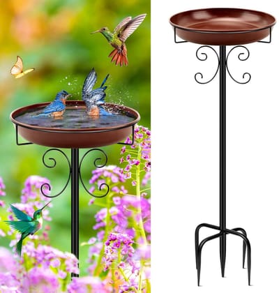35 In Metalen Vogelbad voor Tuin, Vintage Vrijstaande Vogelbaden & Ondersteuningen, Vogelbaden Feeder Bowl voor Buiten Tuin, Patio Yard Gazondecoratie, Verbeterde 5-polige basis (Bruin)