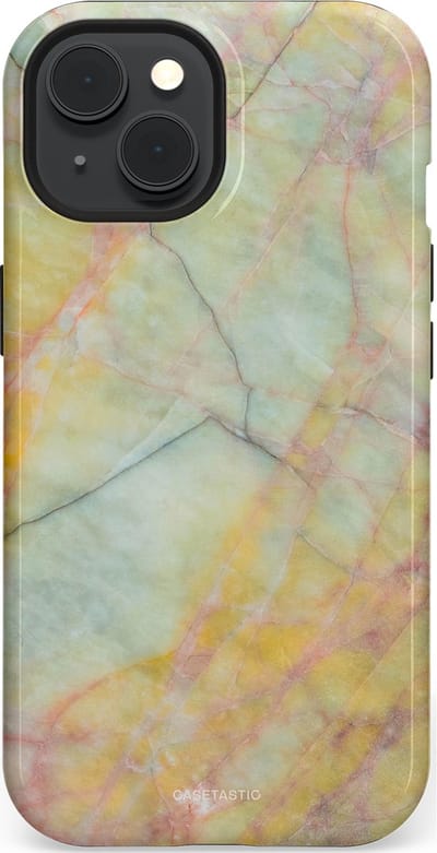 Casetastic hoesje geschikt voor Apple iPhone 15 - MagSafe - Dubbellaagse bescherming - Zomer Marmer - Fashion Case - Mintgroen Geel