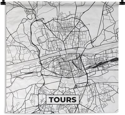 Wandkleed - Wanddoek - Frankrijk - Tours - Plattegrond - Stadskaart - Kaart - Zwart wit - 180x180 cm - Wandtapijt