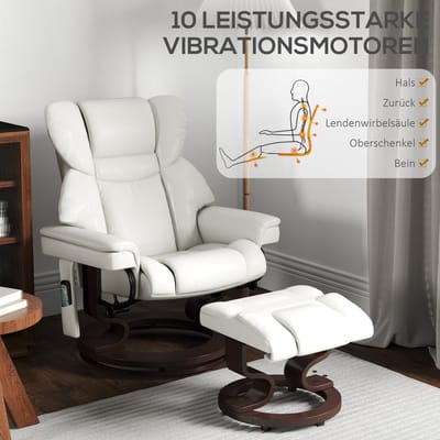 Relaxfauteuil Met Voetenbank - Elektrisch Draaibaar - Met Ligfunctie En Massage - Voor Woonkamer En Ontspanning - Kunstleer - Crèmewit