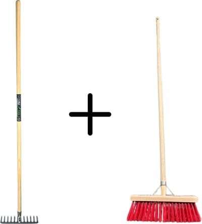 Synx Tools Tuinhark 8 Tanden verzinkt + Nylon Straatbezem 35 cm - Kunststof haren - Bodembewerkers - Onkruidverwijderaar – Schrobborstels – Buitenbezem met steel 150 cm – Hark met steel 150 cm