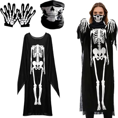 Vrouwelijk Skelet Kostuum voor Halloween met Robe, Masker, Handschoenen en Tattoo Stickers voor Cosplay en Carnaval