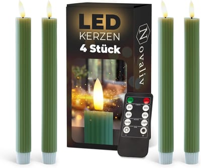 LED-kaarsen met timer groen 4 stuks groen voor binnen - 6 uur - ECHTE WAS geribbeld 23 cm hoog voor kaarsen 2,2 cm diameter 2 AAA-batterijen vereist LED-kaarsen flikkerende vlam bewegende vlam