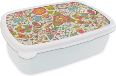 Broodtrommel Wit - Lunchbox - Brooddoos - Meisje - Konijn - Kikker - Patronen - Girl - Kids - Kinderen - Kind - 18x12x6 cm - Volwassenen