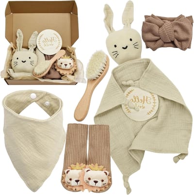 Persoonlijke Snuggle Dekentje voor Baby's met Bijpassende Doek, Mijlpaalkaarten en Sokken in Khaki