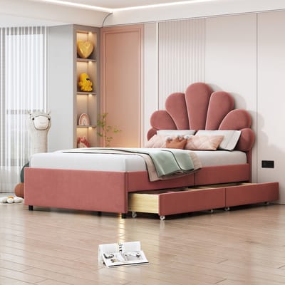 Wishdor – Kinderbed 90x200 cm – Bloemvormig Hoofdbord & 2 Opberglades – Fluweel Roze