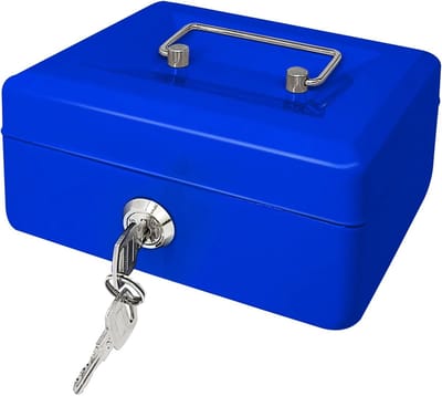 Stalen cassette met sleutelslot, metalen geldcassette met geldvak, geldopbergdoos met afsluitbaar deksel (blauw, 15 x 12 x 8 cm)