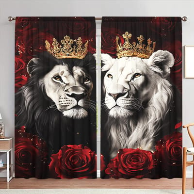 2 stuks Rose Leeuw Schilderij Bedrukt Gordijn voor Huisdecoratie - Tunnelroede Raambekleding voor Slaapkamer, Kantoor, Keuken 52.5cmX116cm X 2pcs white