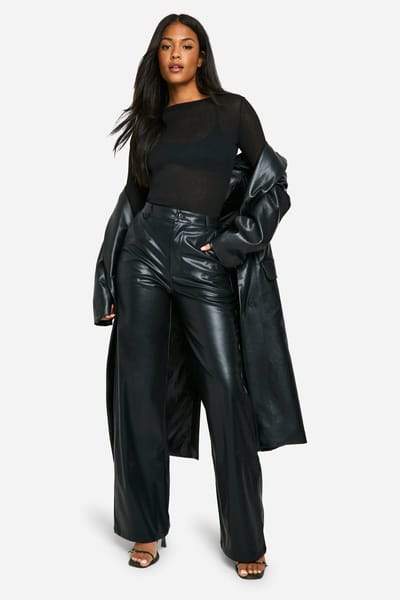boohoo Dames Hoge wijde pijp nepleren broek | Black | Maat: 10/36L
