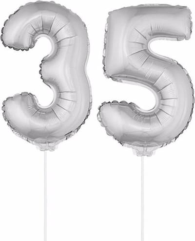 35 jaar leeftijd feestartikelen - versiering cijfers - ballonnen op stokje - van 41 cm - Combi van cijfer 35 - in het zilver