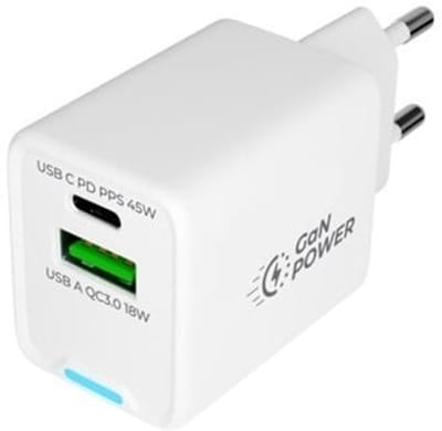 OneOne 45W super snellader met 2 poorten. USB C en USB A. GAN Quick Charge lader. PD PPS oplader adapter past op Samsung Galaxy M06, M42, M20, M31s, M32, M33, Xcover 5, Xcover 6 Pro, Xcover 7 / 7 Pro, Xcover Pro, Xcover FieldPro