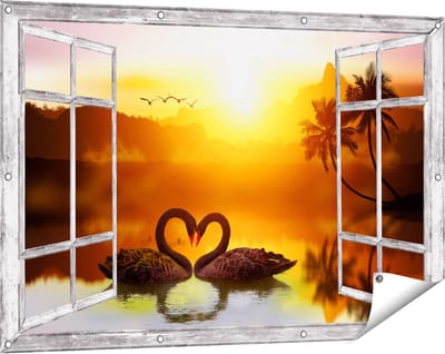 Gards Tuinposter Doorkijk Twee Zwarte Zwanen in een Hart Vorm - 120x80 cm - Tuindoek - Tuindecoratie - Wanddecoratie buiten - Tuinschilderij