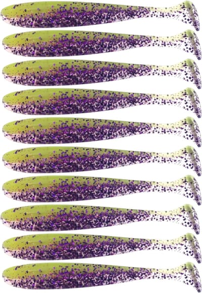 S&D | Shad Set 10 Stuks – 9cm 3.5g – Geel / Paars – Zachte Shads met T-Staart – Kunstaas voor Roofvis