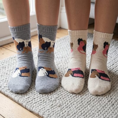 Dames Wol Sokken 2 paar - Huissokken - Wandelsokken - grijs - roze - leuke print kat - katten - 36 - 40 - cadeau voor haar - giftbox