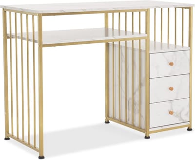 Moderne bureau met laden en kaptafel in marmer-wit met goud accent, multifunctionele nageltafel voor woonkamer en schoonheidssalon