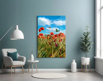 Glasschilderij Klaprozen en Vlinders – Kleurrijke Bloemen Wanddecoratie – Gehard Glas 4 mm - 90x60 cm