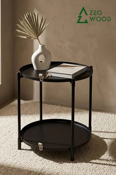 Zeo Wood® - Bijzettafel - Ronde Bijzettafel - Salontafel - Koffietafel - Bijzettafel met Afneembaar Dienblad - 50*44 cm