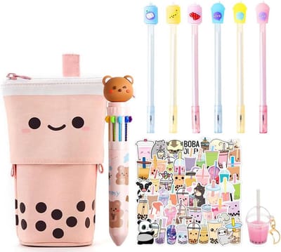 SnelShoppen - Kinderen Pencilcase Set met Bubble Tea Thema, 1 2-in-1 Pencilcase, 6 Gelpennen, 10-kleurige Balpen, 50 Bubble Tea Stickers en Sleutelhan