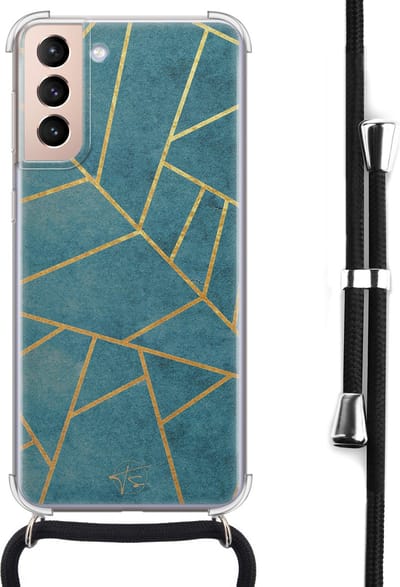 Hoesje met koord geschikt voor Samsung Galaxy S21 - Abstract blauw - Inclusief koord - Crossbody beschermhoes - Transparant, Blauw - Mooie Telefoonhoesjes
