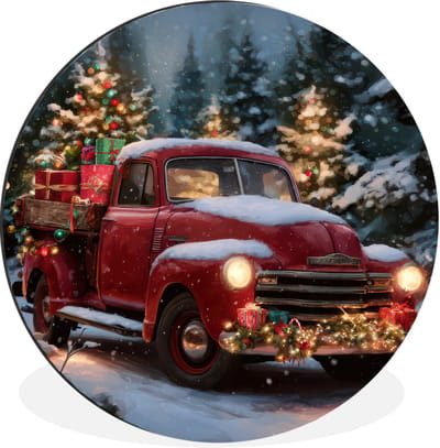 WallCircle - Wandcirkel - Muurcirkel - Kersttruck - Sneeuwbos - Rood - Aluminium - Dibond - 30x30 cm - Binnen en Buiten