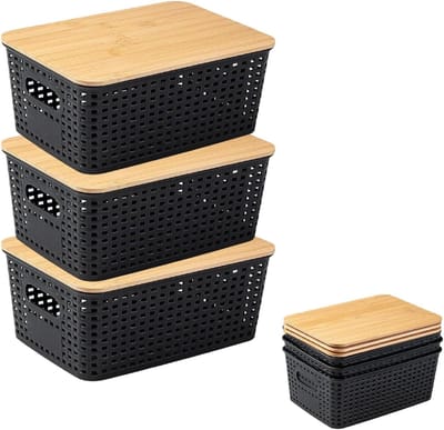 Opbergdoos met bamboedeksel, kunststof badkamerorganizer, kleine opbergmand met handvat, stapelbare kisten, opslag met deksel, voor keuken, badkamer, slaapkamer, balkon, planken (zwart)