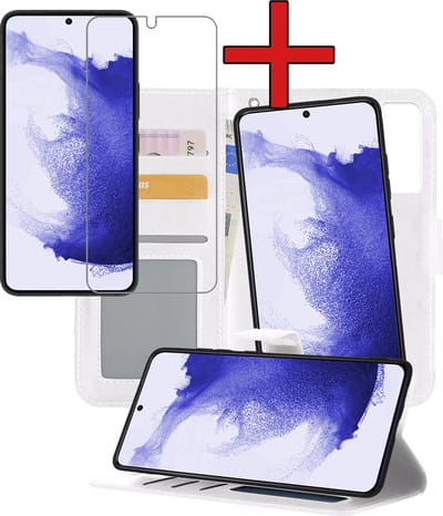 Hoesje - 2 in 1 - Geschikt voor Samsung Galaxy S22 - Met Screenprotector - En Uitneembare Hard Cover - Kunstleer - Bookcase - Wallet Case - Met Pasjeshouder - Book Case - Uitneembaar - Pashouder - Telefoonhoes - Wit