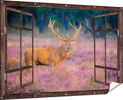 Gards Tuinposter Doorkijk Hert in de Weide tijdens Zonsondergang - 180x120 cm - Tuindoek - Tuindecoratie - Wanddecoratie buiten - Tuinschilderij