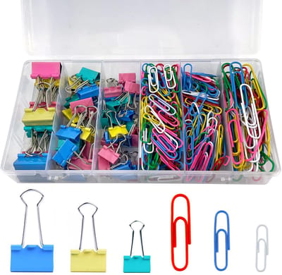Inovra - Set van 320 stuks bindklemmen en paperclips, kleurrijk, 25 mm/19 mm/15 mm, groot, kleine vouwklemmen, 50 mm/33 mm/28 mm, metalen paperclips, kantoormateriaal, papierklemmen voor school, kantoor
