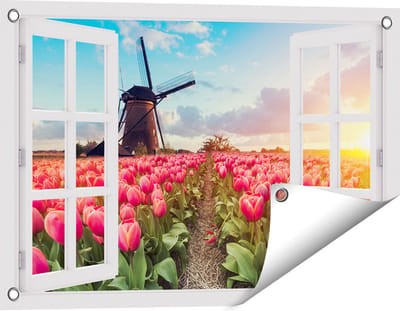 Gards Tuinposter Doorkijk Roze Tulpen Bloemenveld - met Windmolen - 60x40 cm - Tuindoek - Tuindecoratie - Wanddecoratie buiten - Tuinschilderij