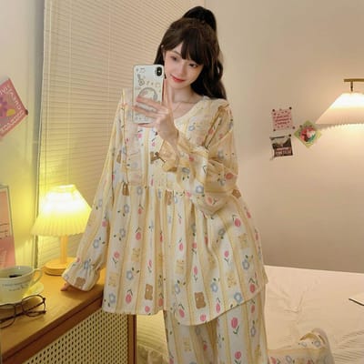 Pijama Dames Grote Maat Kersenprint Nachtkleding Set Top met Lange Mouwen+Broek Ruches Homewear Huidvriendelijk Ademend 6XL