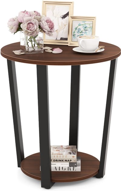 COSTWAY Ronde bijzettafel, salontafel met metalen frame, salontafel met 2 planken, industrieel nachtkastje voor woonkamer, slaapkamer, kleine ruimtes (bruin)