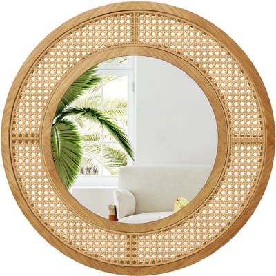 COSTWAY Ronde wandspiegel rotan, diameter 65 cm, decoratieve spiegel met houten frame, aluminium glas en haken, decoratieve spiegel, wandmontage, modern, voor woonkamer, slaapkamer, entree, natuur