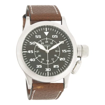 OOZOO Timepieces - Zilverkleurige horloge met bruine leren band - OS033