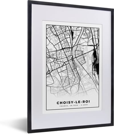 Fotolijst incl. Poster Zwart Wit- Frankrijk - Choisy-le-Roi - Plattegrond - Stadskaart - Kaart - Zwart wit - 30x40 cm - Posterlijst