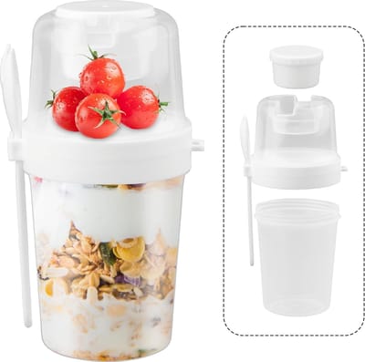JGS ® Cup voor Ontbijtgranen en Yoghurt met Lepel, Dubbele Laag, Lekvrij, Ideaal voor Onderweg
