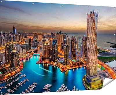 Gards Tuinposter Dubai Haven met de Stad - 180x120 cm - Tuindoek - Tuindecoratie - Wanddecoratie buiten - Tuinschilderij