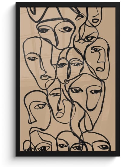 Poster in lijst - Fotolijst 40x60 cm - Posters - Gezichtenzee - Lijntekening - Abstract - Posterlijst zwart - Decoratie - Wanddecoratie woonkamer - Muurdecoratie slaapkamer