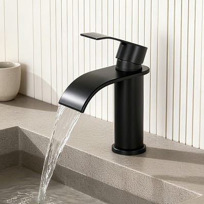 Auralum Wastafelkraan Zwart - Waterbesparend - Badkamerkraan - Warm & Koud - Watervalkraan - Inclusief Aansluit slangen 3/8 - Zwart