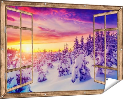 Gards Tuinposter Doorkijk Zonsondergang in het Sneeuw Bos - 150x100 cm - Tuindoek - Tuindecoratie - Wanddecoratie buiten - Tuinschilderij